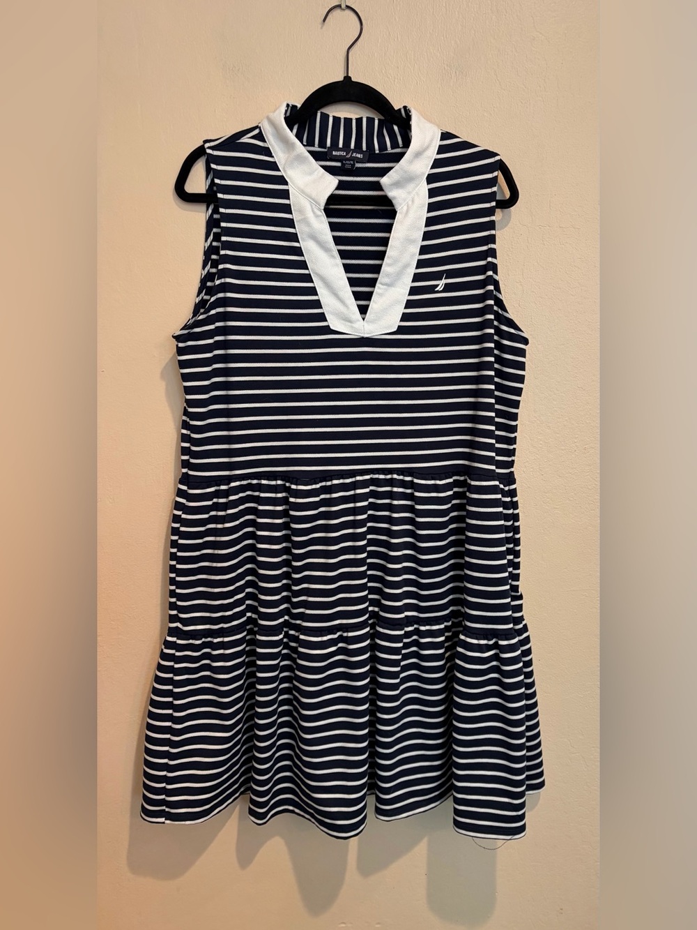 Nautica Navy and White Striped Tiered Tennis Dress, Sleeveless w/ High Collar